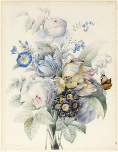 Un bouquet de fleurs comprenant des roses, des tulipes perroquet, des myosotis, des perce-neige, des auricules et des ipomées avec un papillon imaginaire